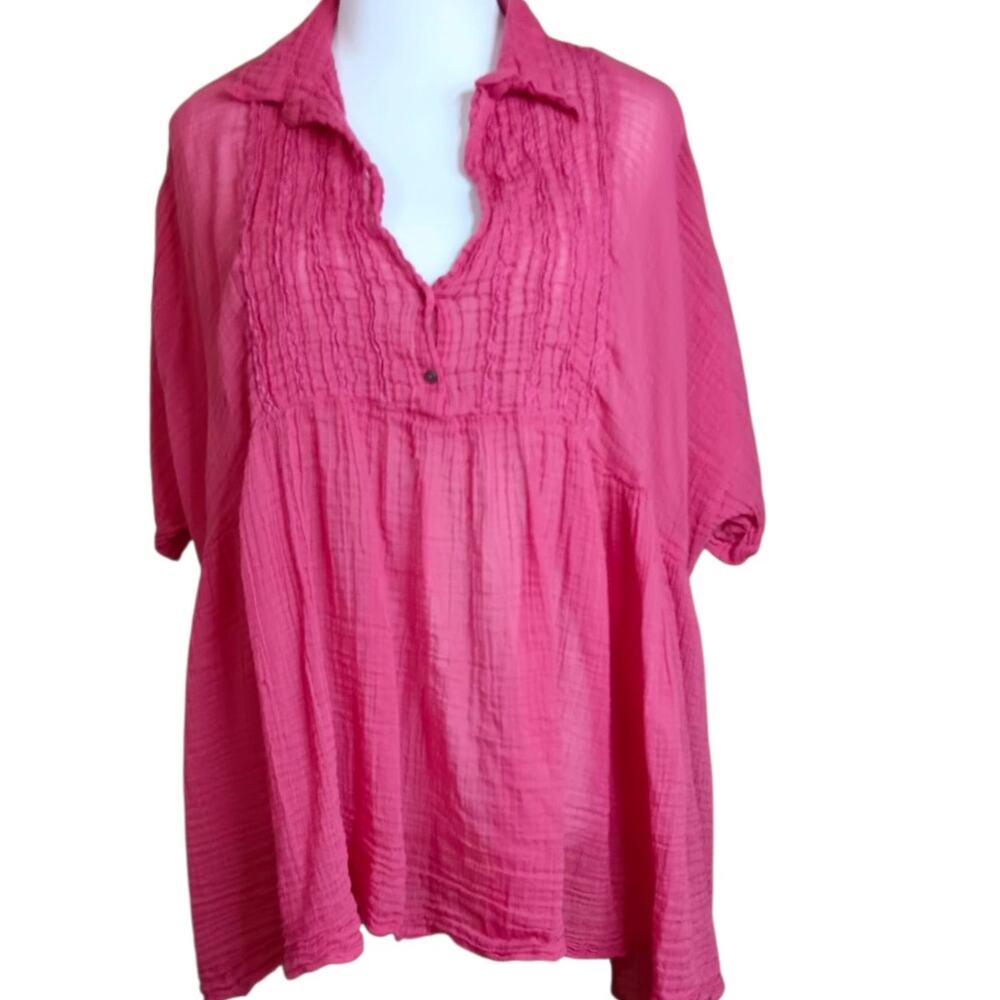 FREE PEOPLE Gauzy Sheer Breathable Blouse Top Oversized Large Pink Made In India
